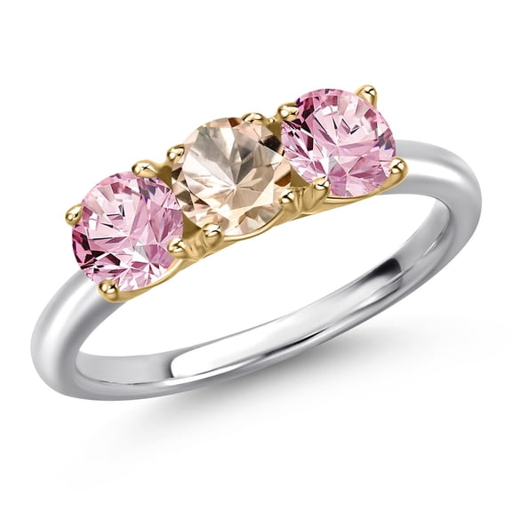 Gem Stone King 925 Silver and 10K Yellow Gold Peach Morganite and Pink Lab Grown Diamond Engagement Ring for Women | 1.40 Cttw | Round 5MM | Gemstone October Birthstone | Size 9