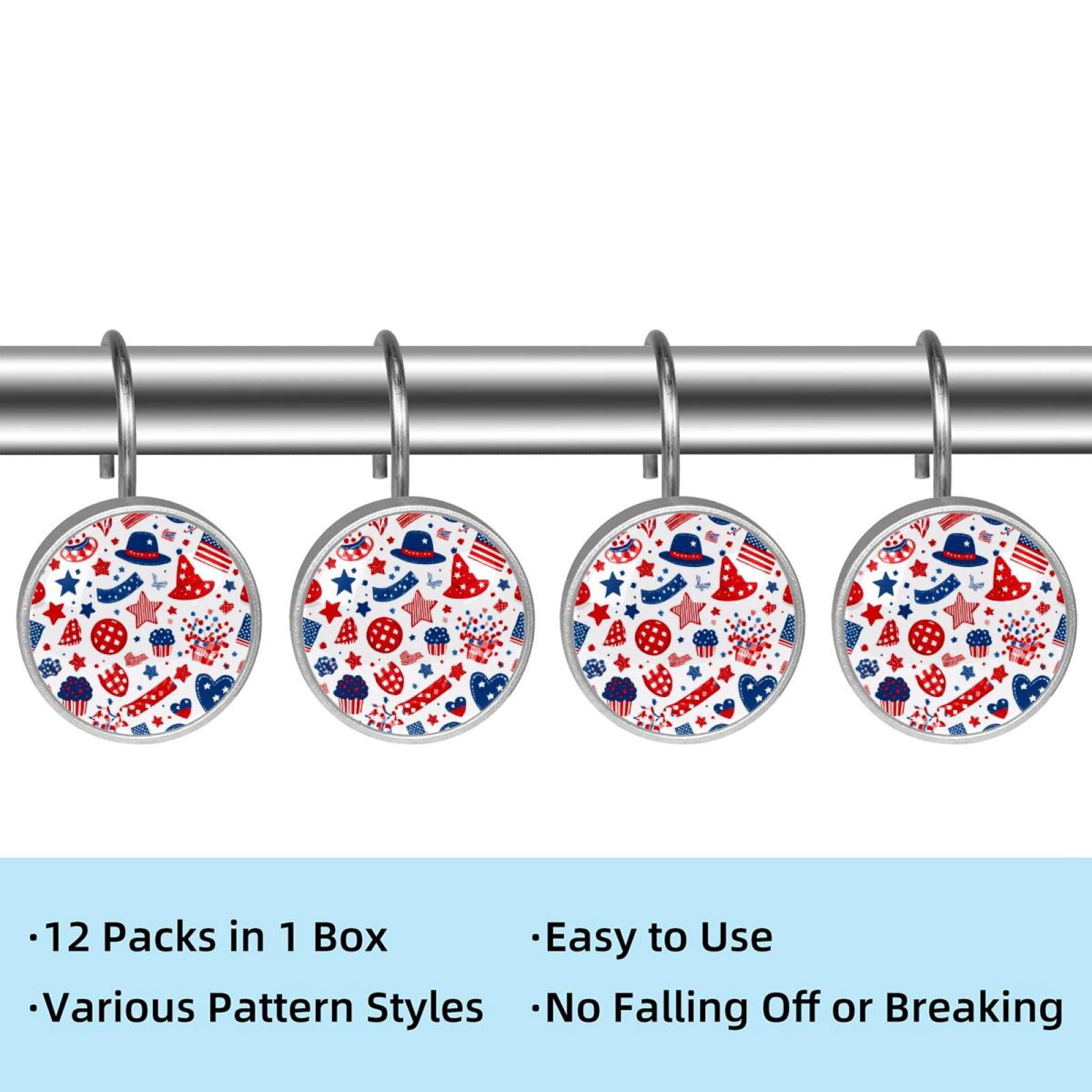 12pcs Decorative Shower Curtain Hooks, Rust Resistant Shower Rings for Bathroom Living Room,Rustproof Stainless Steel Rings for Shower Curtain and Liner Rods,4th of July Hats