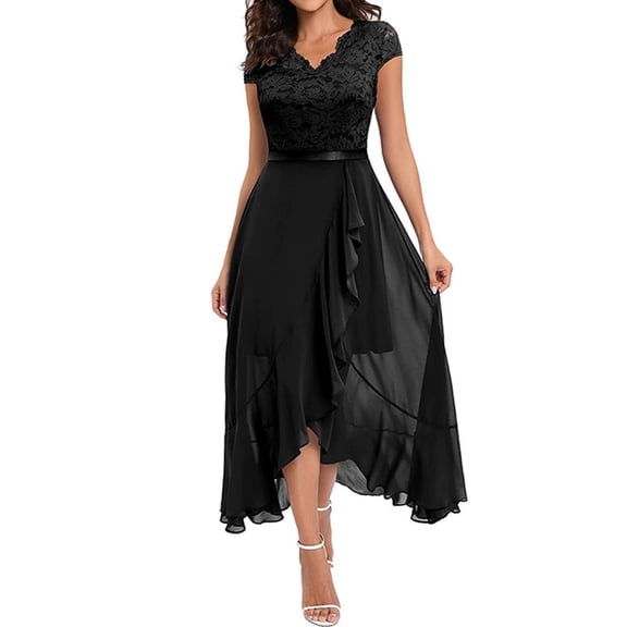Formal Gowns and Evening Dresses Wedding Guest Women Solid Dress Lace Splice Sleeveless V-Neck Ruffle Hem Dress Fashion Evening Gown for Party Wear