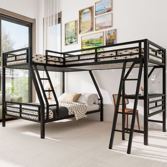 Morufur Twin over Full Metal Bunk Bed Frame with Twin Loft Bed, Dual Ladders & Built-In Work Desk for Bedroom Apartment, Black