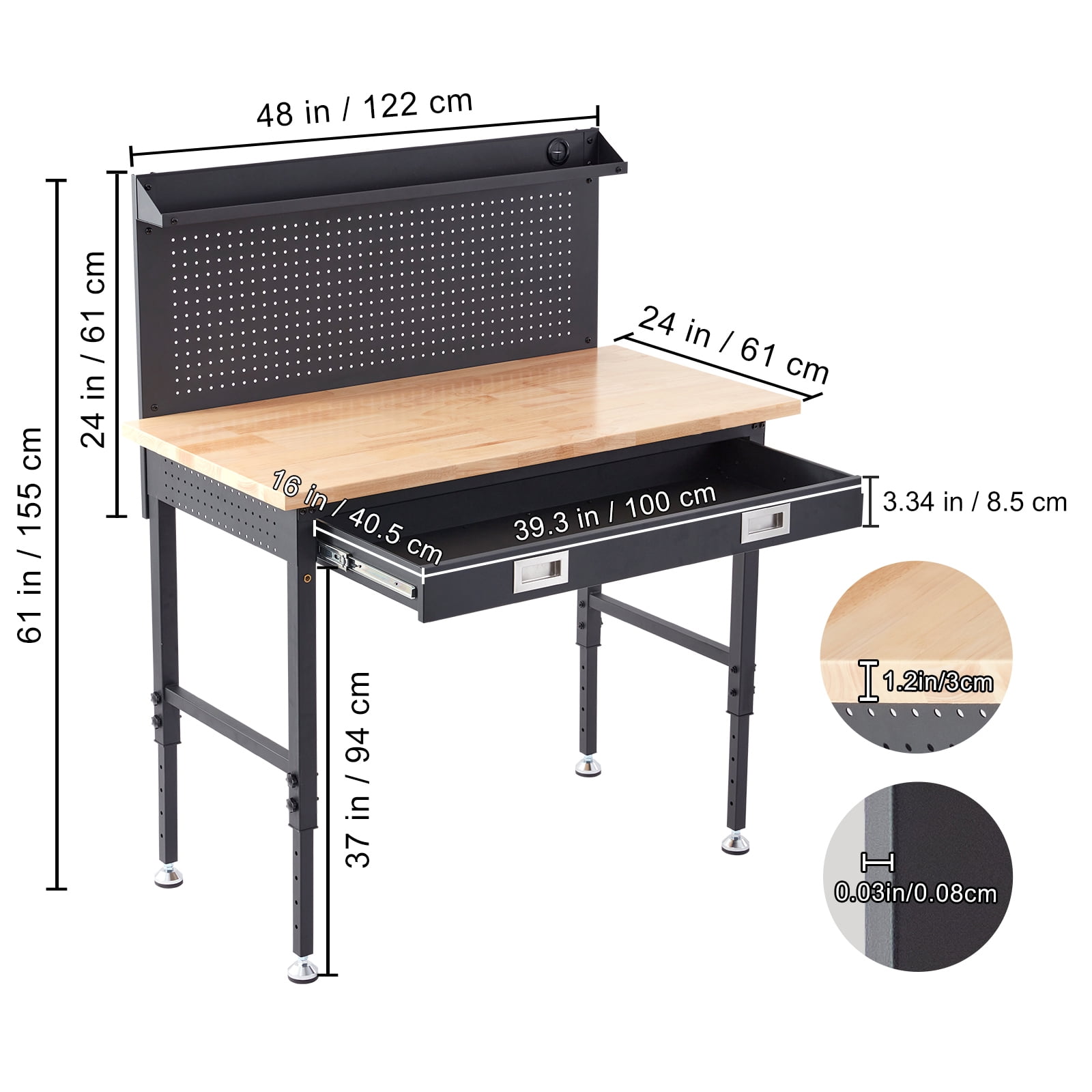 KFFKFF 48x24" Multifunctional Solid Wood Workbench with Pegboard Power Outlets