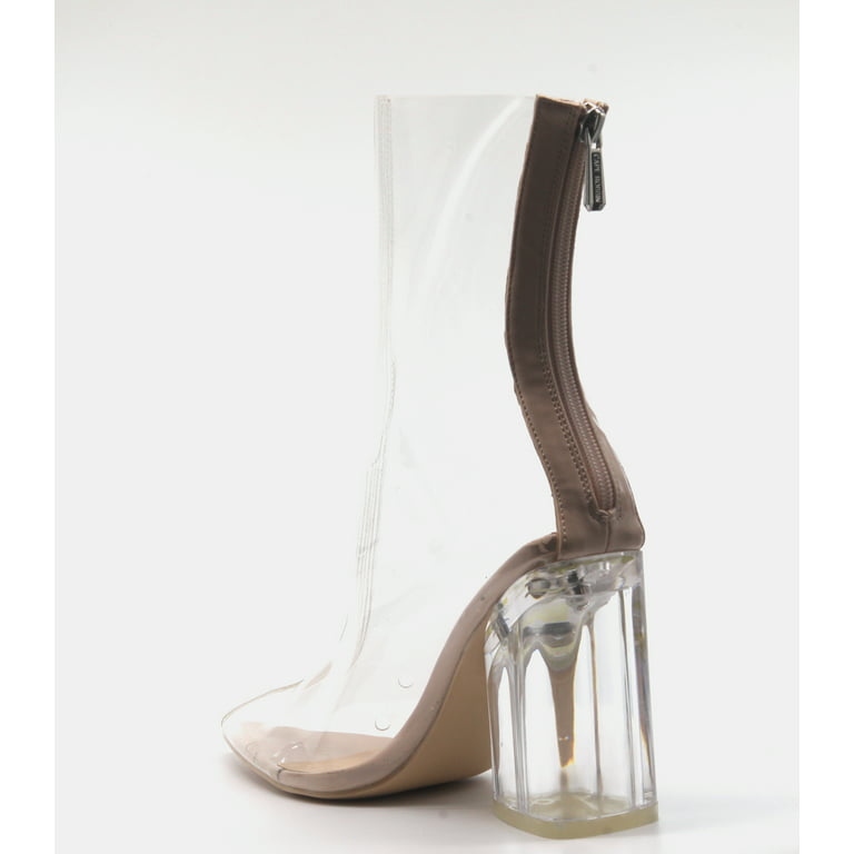 CAPE ROBBIN Crystal Glaze Womens Perspex Lucite Clear Pointy Toe Chunky  Heel Ankle Boots, Nude, 7