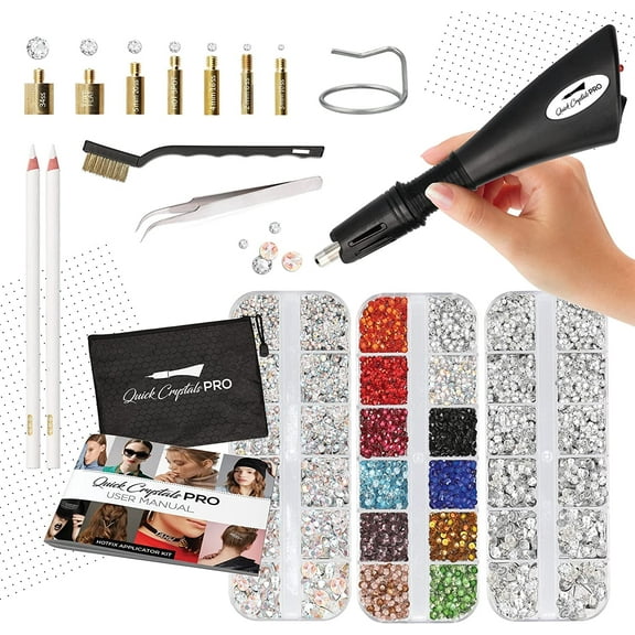Quick Crystals Pro Hotfix Applicator, Bedazzler Kit with Rhinestones, DIY Wand Setter Tool Kit with 7 Different Tip Sizes, Tweezers, Cleaning Brush, User Manual, and 4400 Rhinestones.