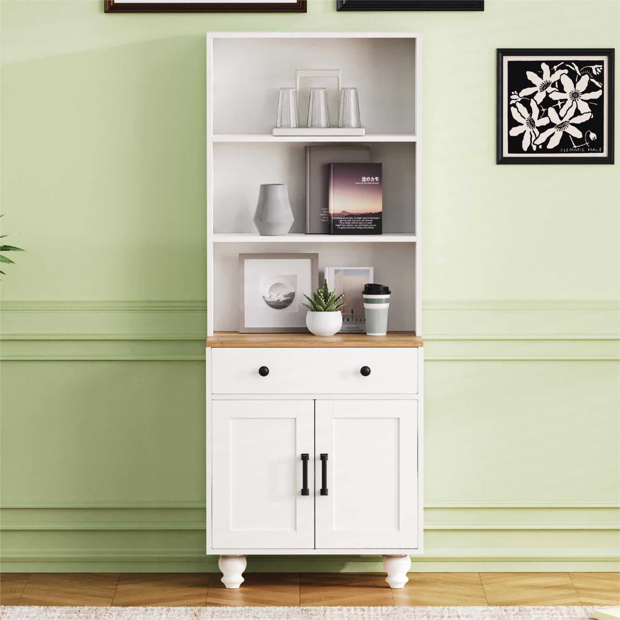 Euroco Farmhouse Tall Storage Cabinet with Drawer & Adjustable Shelves, Free-Standing Pantry Cabinet with Gourd Legs,Kitchen or Entryway,White