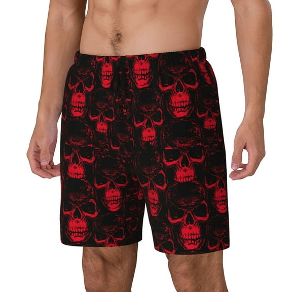 Rateoe Red Skulls 2 Pattern Men’s Swim Shorts with Compression Liner – Double-Layered Quick-Dry Swimwear, Comfortable & Stretchy Beach Shorts-Small