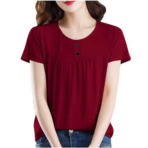 Tops de Manga Corta de Mujer Casual Botón de Color Sólido Plegado Cuello Redondo Suéter de Moda para el Hogar Y el Uso Diario
