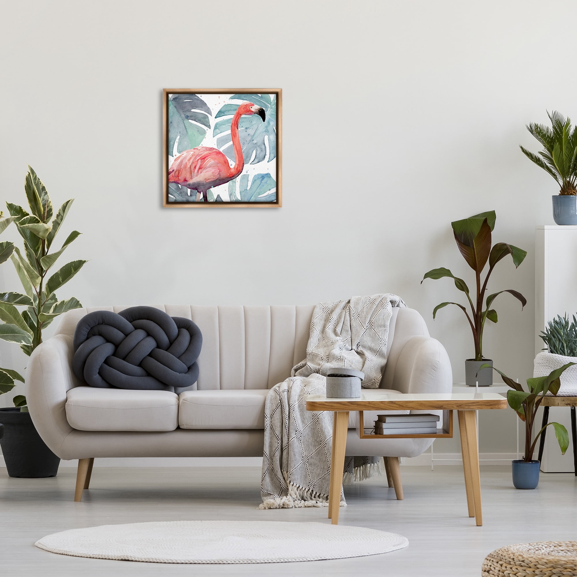 Stupell Industries Flamingo over Tropical Greenery Animals & Insects Painting Brown Floater Framed Canvas Art Print Wall Art, 25 x 25