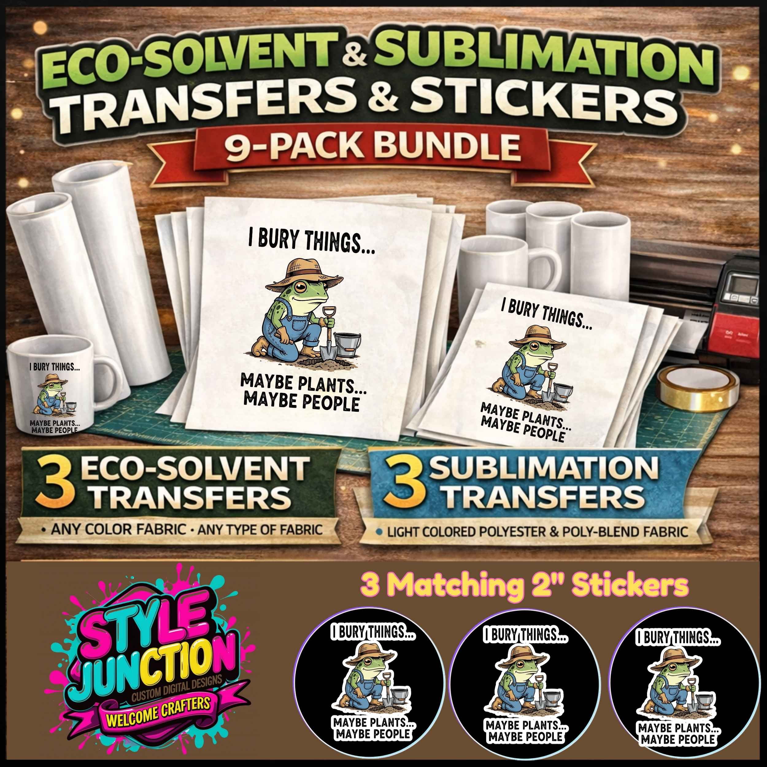 I Bury Things! 9-Piece Bundle for Crafters & DIY – 3 Eco-Solvent Transfers + 3 Sublimation Transfers Ready to Press for Shirts, Mugs & Tumblers + 3 Matching 2” Stickers