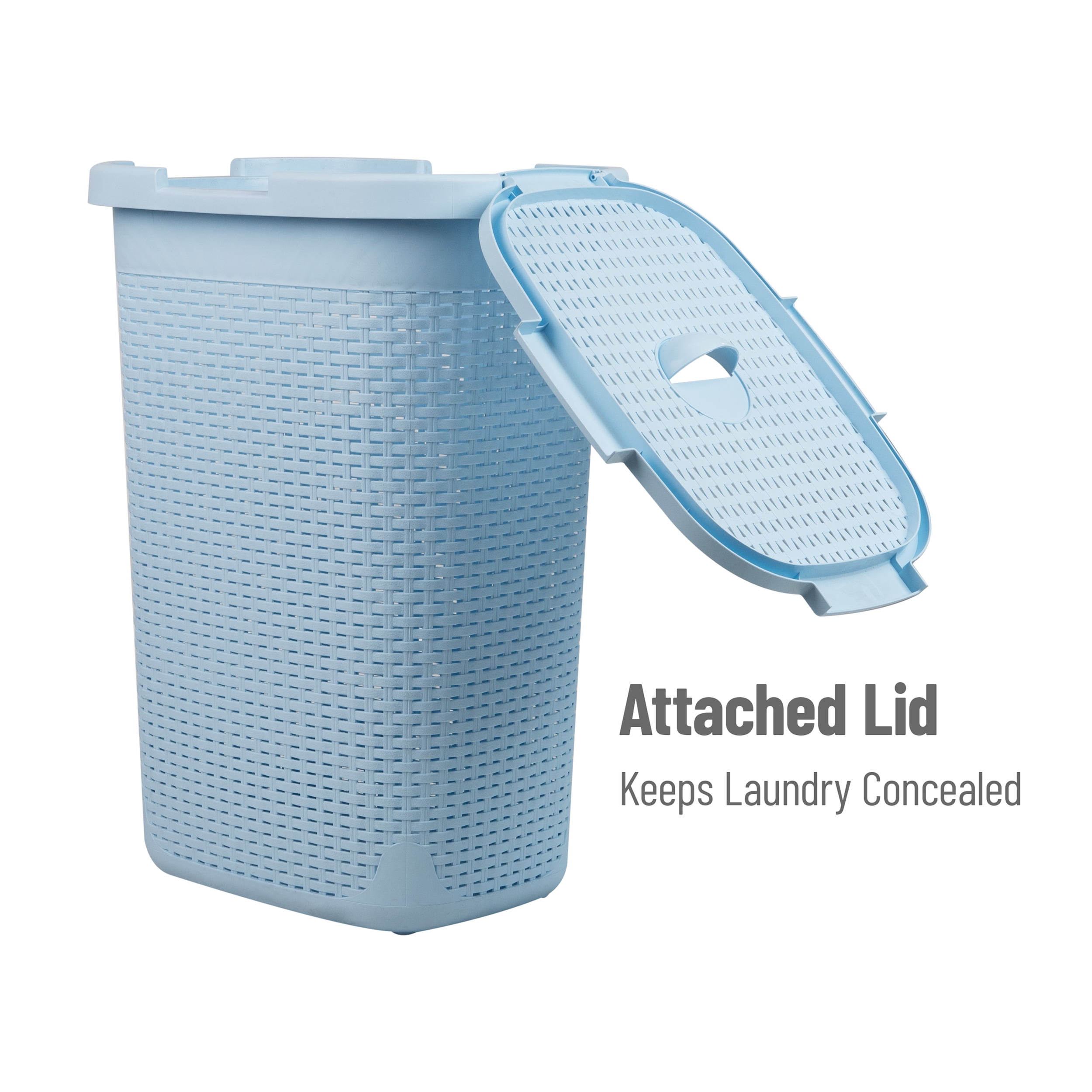 Mind Reader 60L Slim Laundry Hamper, Clothes Basket, Lid, Wicker Design, Plastic, Baby Blue