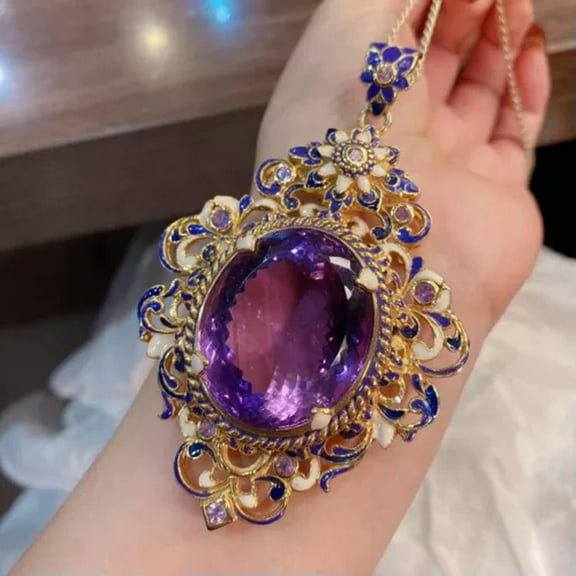 GKNET New Huge Amethyst Gemstone Italian Enamel Classical Women Necklace Pendant Ring-Pendant only with Chain
