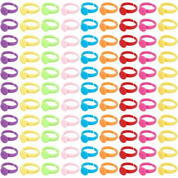 200Pcs Cabochon Ring Blanks Adjustable Blank Rings Colorful Acrylic Open Finger Ring Bases Tray Settings Components with 9mm Round Pad for Jewelry Making Rings DIY Crafts Women Supplies