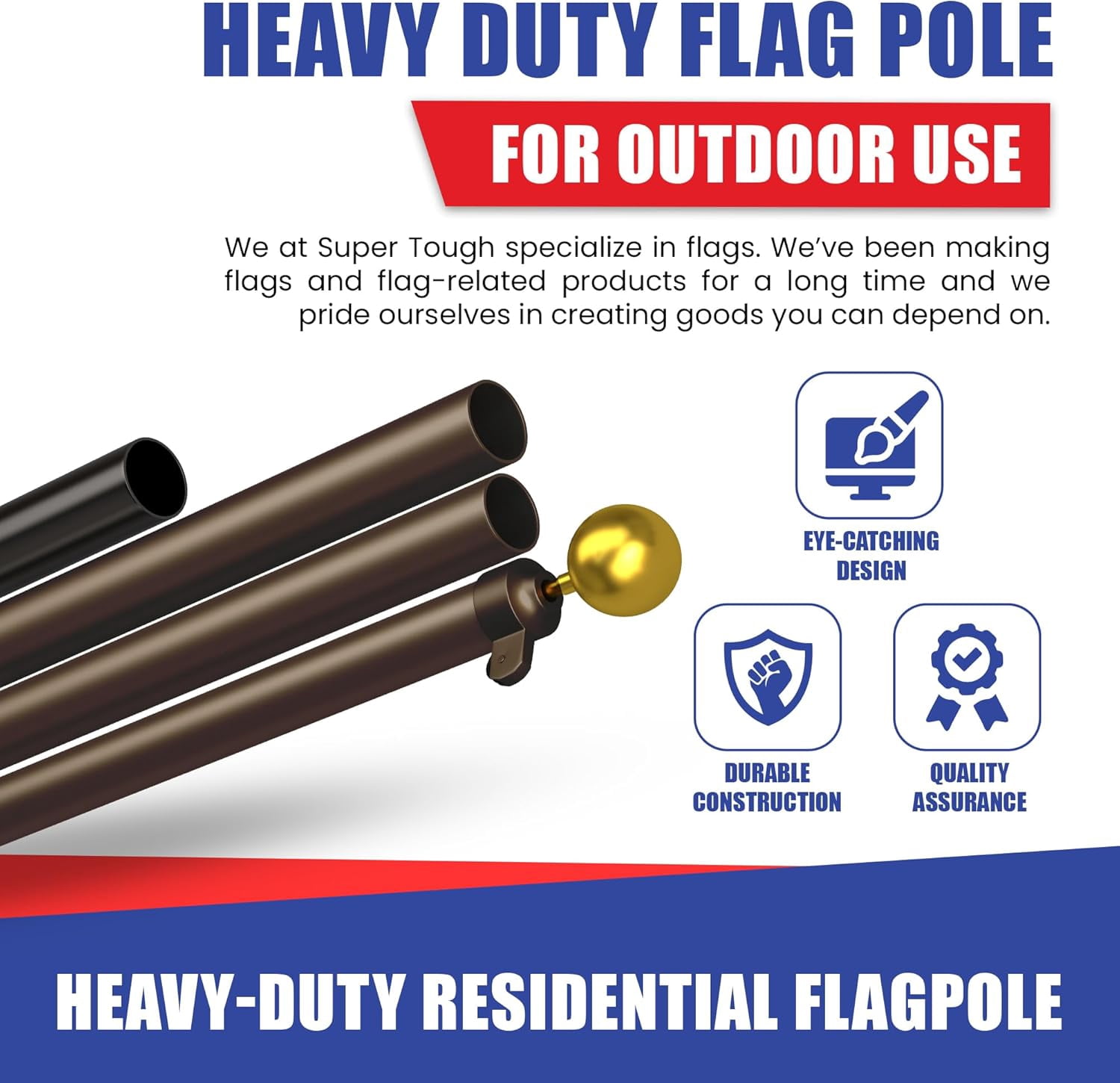 Super Tough USA-Made 20ft Heavy Duty Flag Pole for Outside House -Bronze Anodized - Residential In-Ground Flagpole - 3-Section High-Grade Aluminum - Includes All Accessories