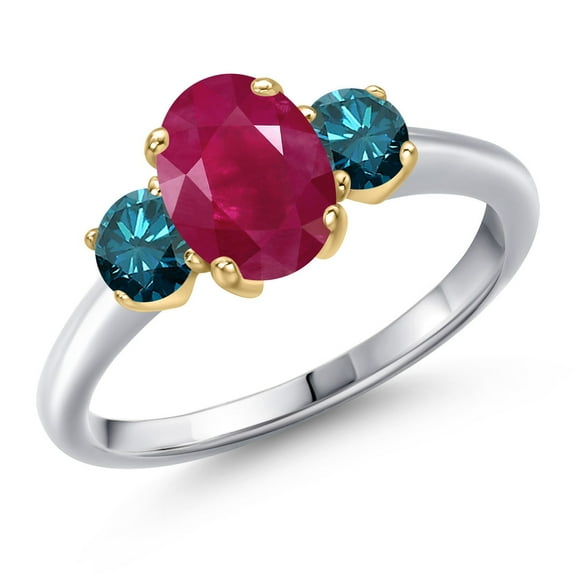 Gem Stone King 925 Silver and 10K Yellow Gold Red Ruby and Blue Diamond Engagement Ring for Women | 2.14 Cttw | Oval 8X6MM | Gemstone July Birthstone | Size 8