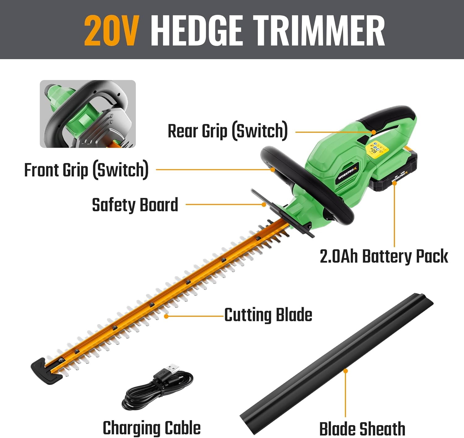 WORKPROX 20V Cordless Hedge Trimmer, 22" Dual Action Blade Electric Bush Shrub Trimmer, with Battery & Charging Cable