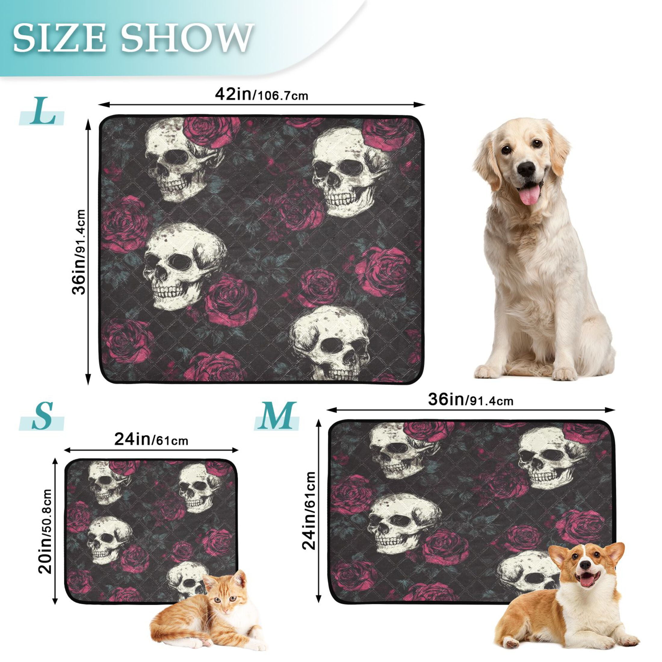 Qxltty Skull Burgundy Roses Pattern Cat litter Pads Pet Set of 3 Diaper Mats Center Anti-leakage Layer Absorbent Soft and Comfortable