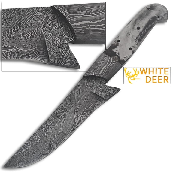 White Deer Trailing Point Damascus Steel Hunting Knife Blank 5-Hole FULL TANG