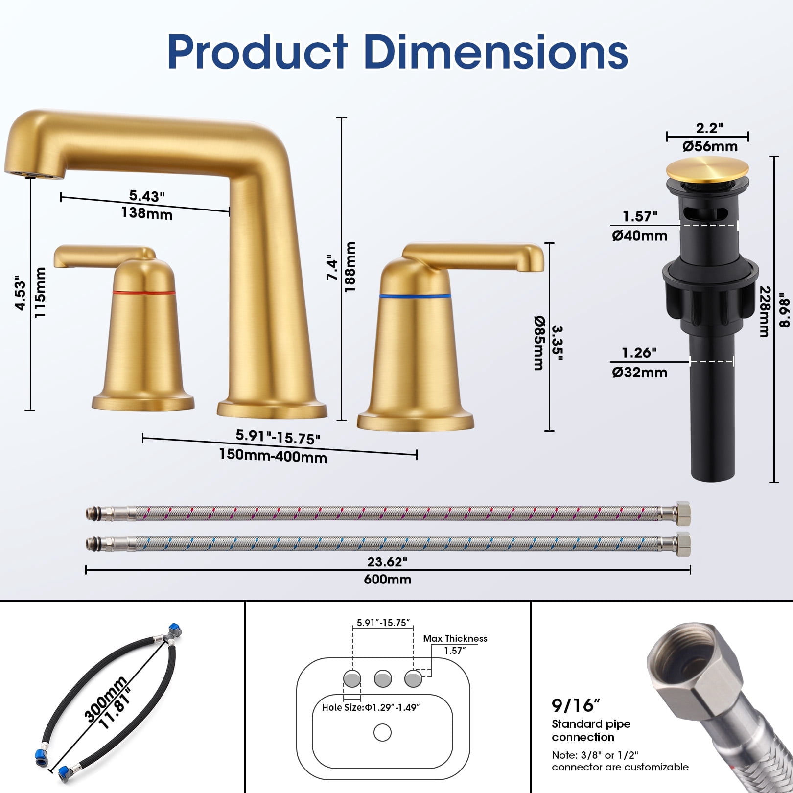 Wowkk 3 Hole Bathroom Faucet 2 Handle Widespread Bathroom Sink Faucet with Pop up Drain and Supply Lines, Brass Vanity Faucet for Rv Farmhouse Lavatory Restroom Sink, Brushed Gold