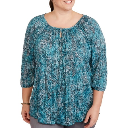 Women's Plus-Size Printed Crinkle Peasant Top - Walmart.com