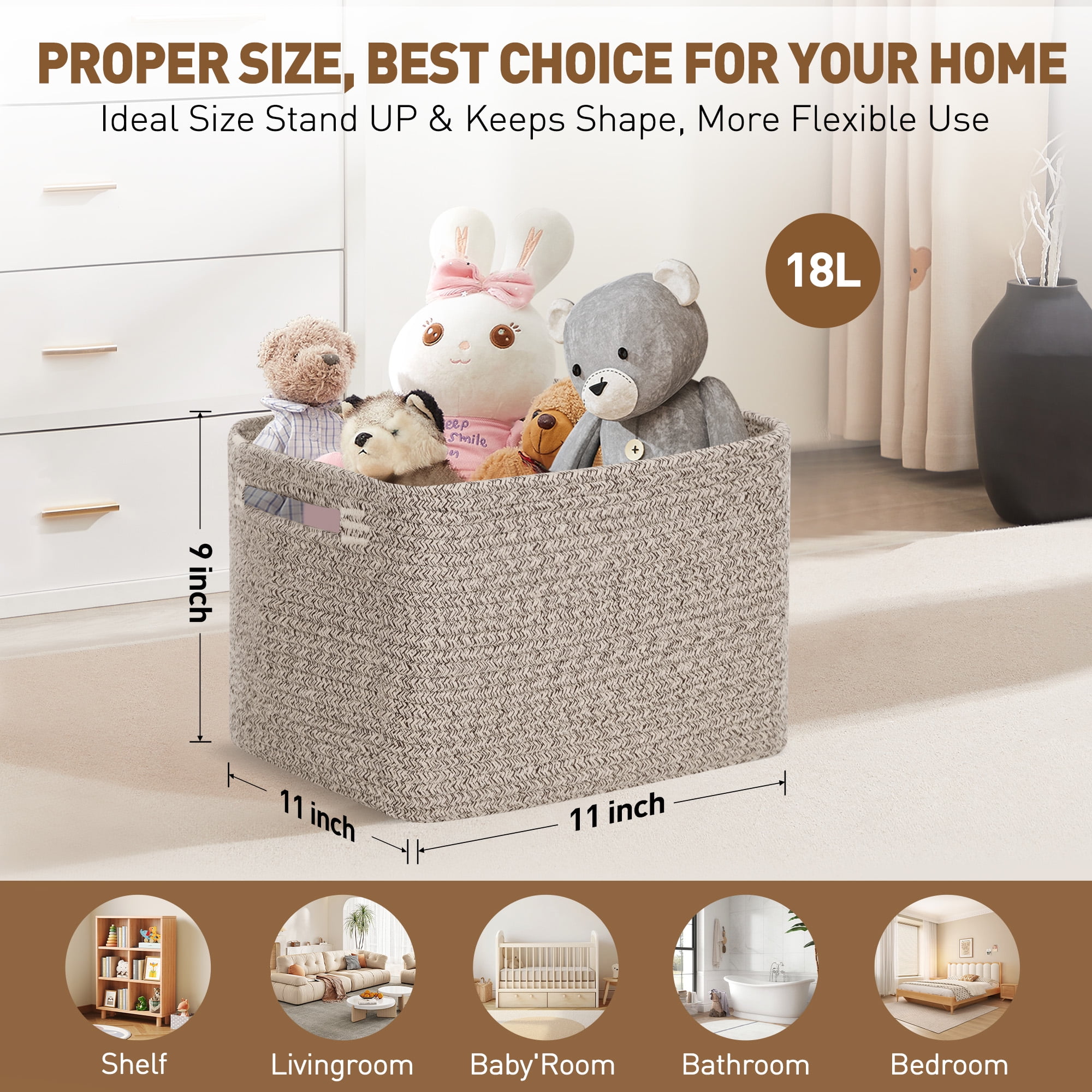 3 Pack Storage Basket, 11"x11"x9" (18L) Rectangle Woven Baskets for Storage, Cotton Rope Basket for toys, Towel Baskets, Closet Organizer Bins Shelves Organizer, Decorative Basket(Brown)