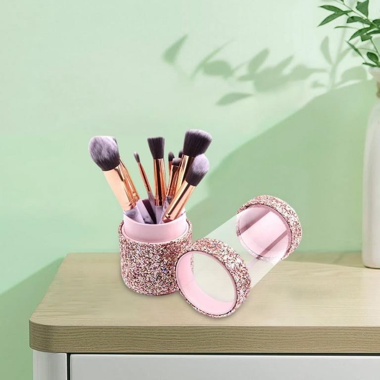 Glitter Makeup Brush Holder ,Dust Transparent Large Capacity Bling Storage  Pink 