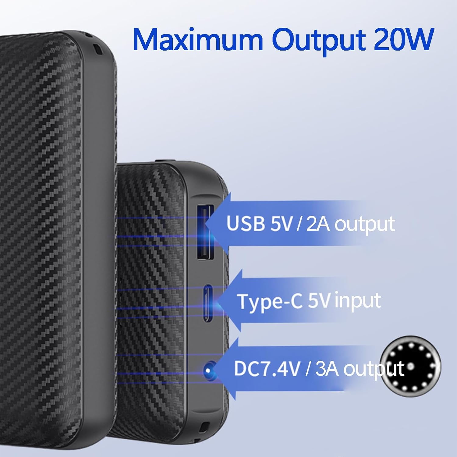 7.4V Portable Charger, 1 Pack 3A USB 3.8mm DC Ports(Comes with a 4.0 mm adapter Cable), 20000 mAh Charging Battery Pack for Cell Phone and Heated Vest,1P