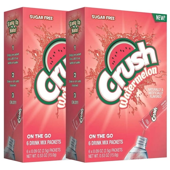 Crush, Watermelon Singles To Go Water Drink Mix, Sugar-Free Low-Calorie Water Enhancer Powder Sticks Beverages 2 Boxes - 6 Sachet per Box - 12 Total Servings