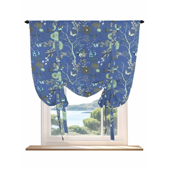 Botanical Blue Tie Up Curtains for Windows 45 Inch Length Balloon Curtains Kitchen Adjustable Balloon Window Shade Vintage Flower Butterfly Abstract Bird Tie Up Bathroom Curtain Window 42"x45"