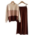 thumbnail image 3 of Knitted Sets for Women 2 Piece Long Sleeve Crewnceck Pleated Top Elastic Waist Wide Leg Pants Casual Loose Color Block Suit Fashion Fall Winter Cozy Warm Outfits, 3 of 4