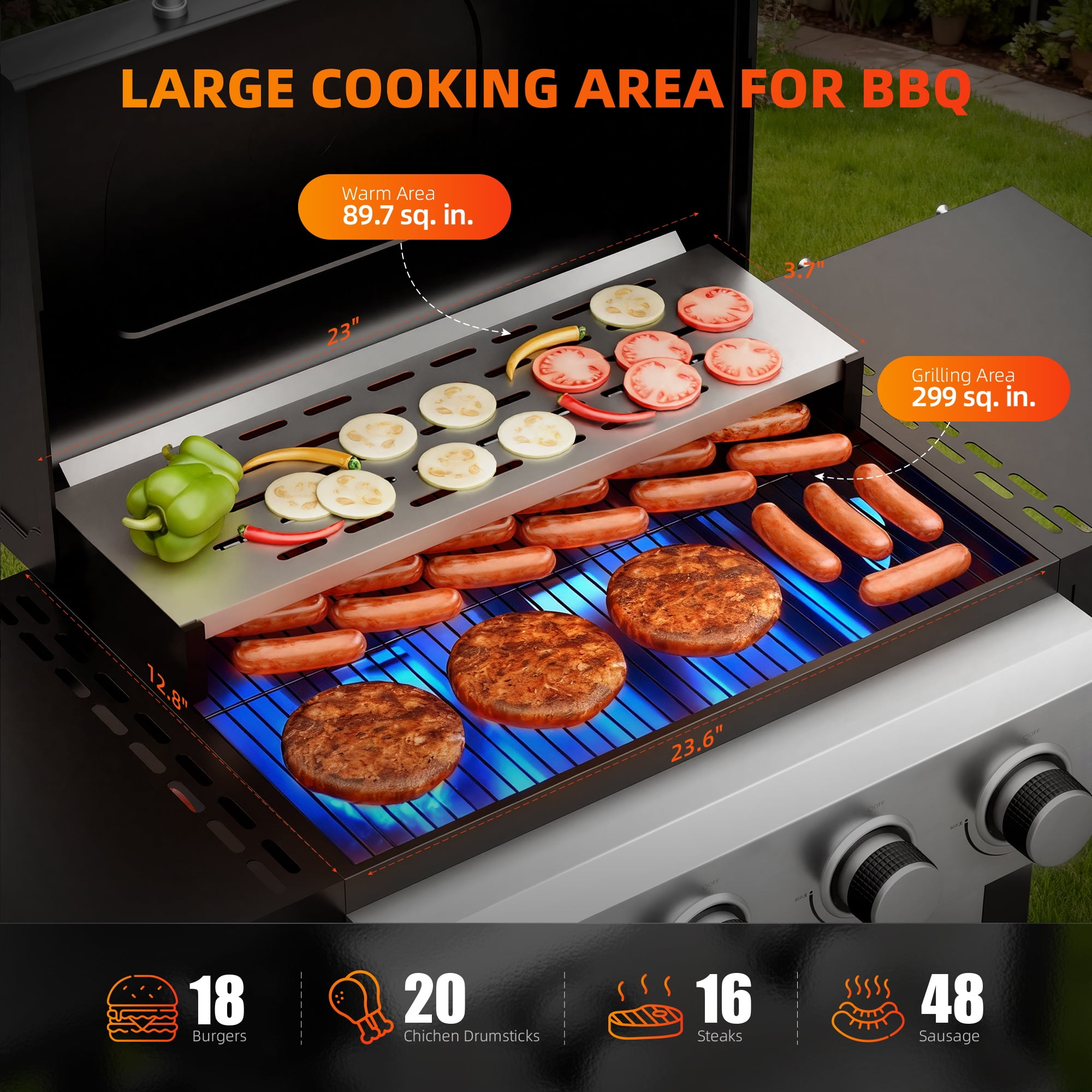 Biotree 4 Burner BBQ Propane Gas Grill, Stainless Steel 38,000 BTU Patio Garden Barbecue Grill with Two Foldable Shelves