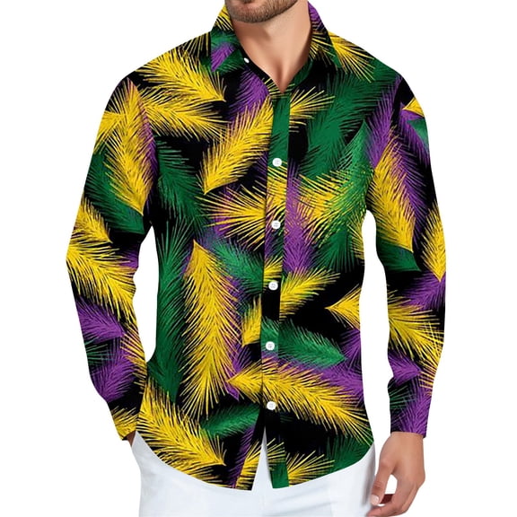 Fgvctg Mens Mardi Gras Shirts Carnival Party Long Sleeve Cotton Button Down Shirts Funny Mask Print Collared Blouse Oversized Business Casual Outfits Gold M