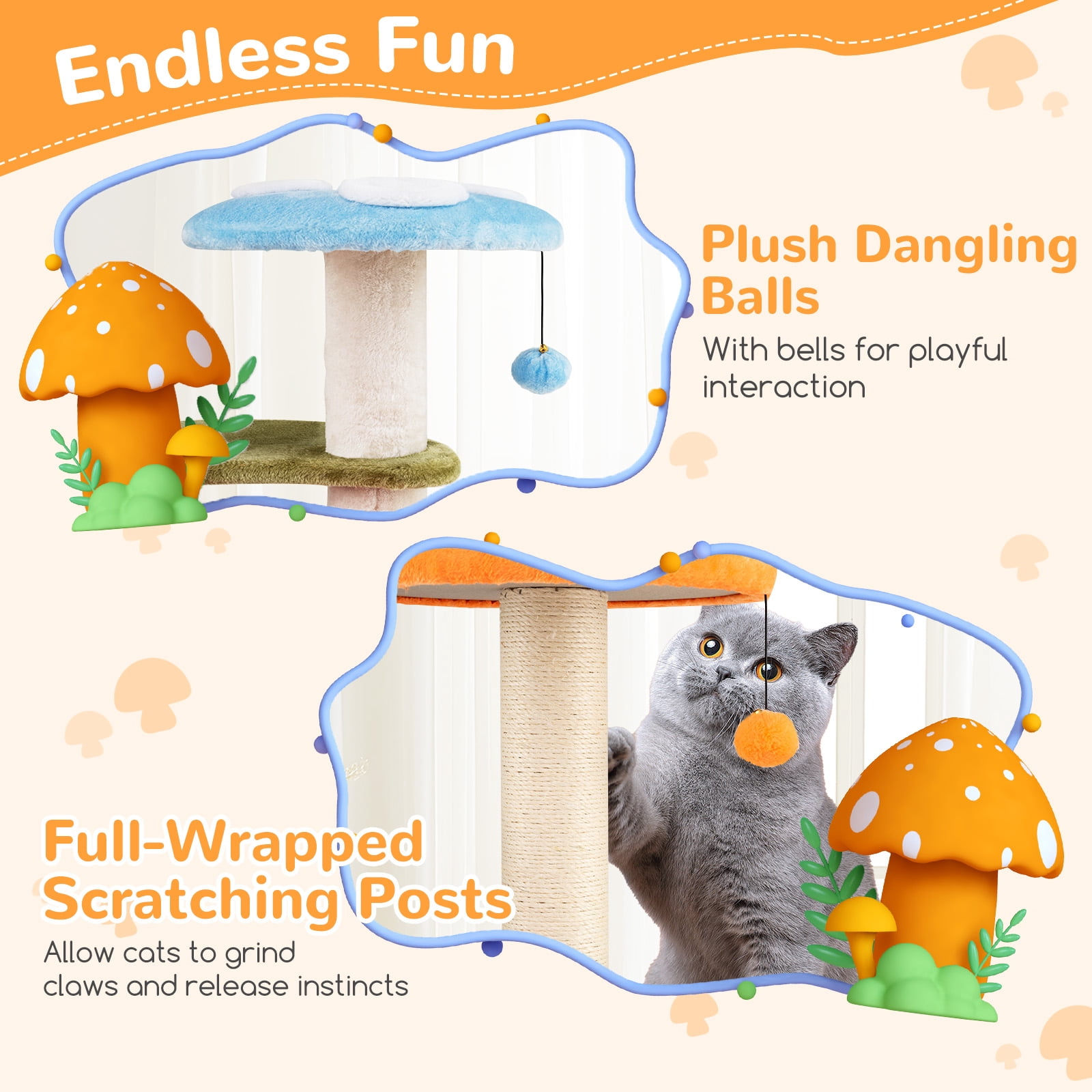 Gymax Cute Mushroom Cat Tree 35'' Tall Cat Tower w/ Sisal Scratching Posts Cat Condo