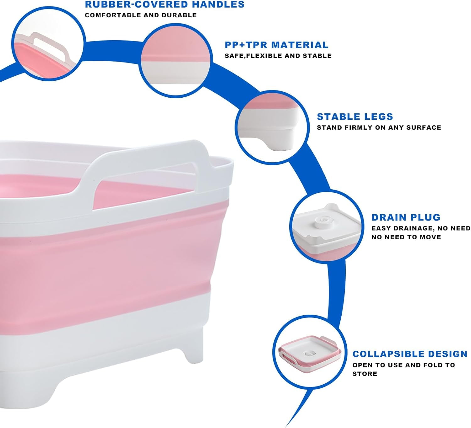 Collapsible Dish Basin, 2.4 Gallon Foldable Kitchen Sink with Drain Plug for Space-Saving Dish Washing, Vegetable & Baby Bottle Cleaning