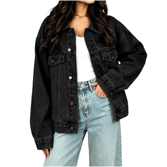 Edvintorg Denim Jacket for Women Fall Winter Fashion Loose Casual Jean Jackets with Pocket Button Down Women's Clothes Black L