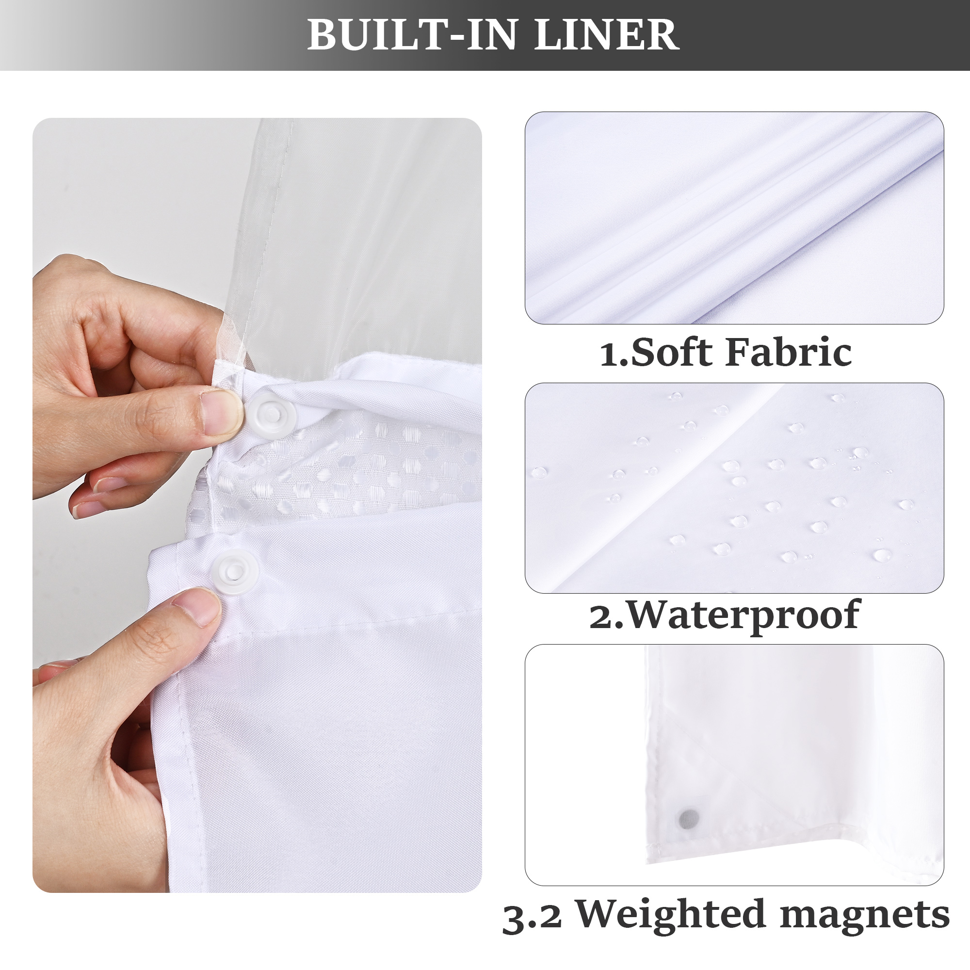 Ikfashoni White Hookless Shower Curtain with Snap-In Liner photo 3