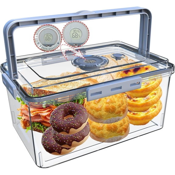 Bread Box With Digital Hygrometer, Portable Bread Boxes with Lid and Handle, Upgrade Time Recording Bread Storage Container for Homemade Breads,Toast, Bagel, Donut and Cookies(Grey)