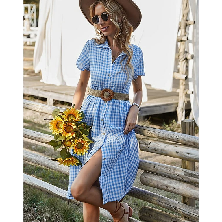 CoCopeaunt Women Summer Gingham Midi Dress Casual Button Up Short Sleeve Long A Line Flowy Swing Tiered Cottagecore Dress