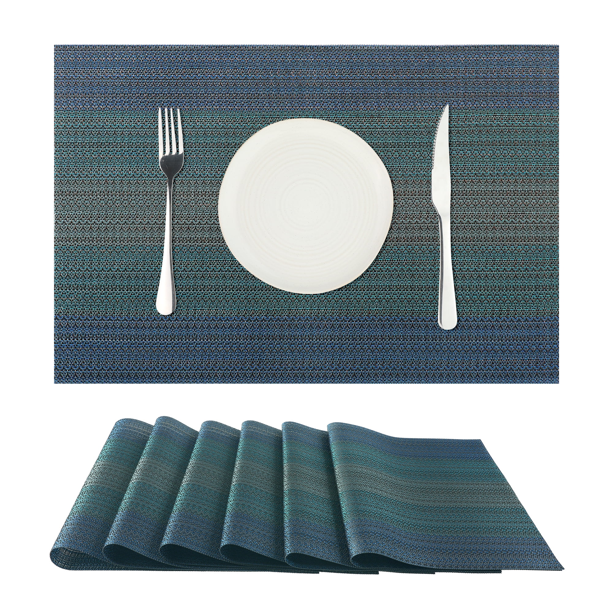 Unique Bargains Placemats Set of 6 Vinyl Place Mats for Dining Table Weave Table Mats 18" x 12" DarkBlue