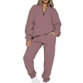 thumbnail image 1 of Avamo Ladies Tracksuit Set V Neck Jogger Sets Solid Color Two Piece Outfit Breathable Sweatshirt And Sweatpant Sports Sweatsuits Purple Pink M, 1 of 5