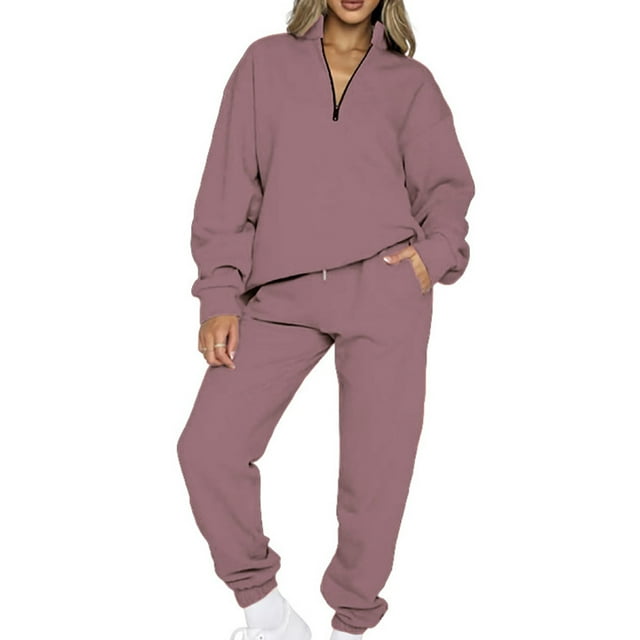 MAWCLOS Women Jogger Sets Long Sleeve Tracksuit Set Solid Color Two Piece Outfit Breathable Sports V Neck Sweatsuits Purple Pink S