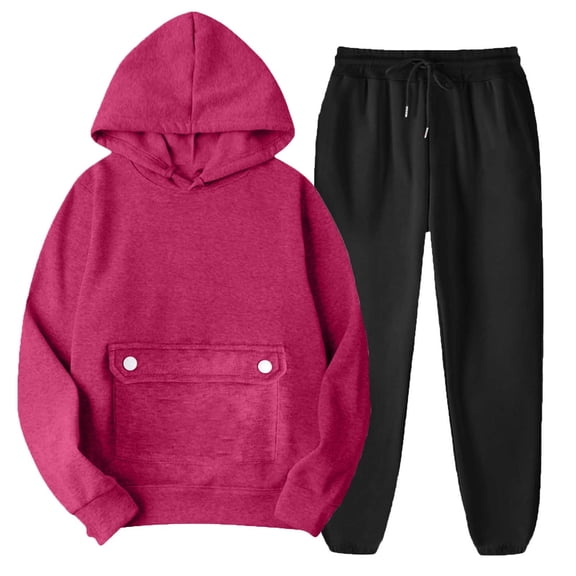 Women's 2 Piece Outfits Long Sleeve Hoodie Long Joggers Oversized Sweatsuits Fall Tracksuits with Flap Pockets Hot Pink M