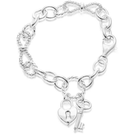 Sterling Silver Heart and Key Charm Link Bracelet, 7