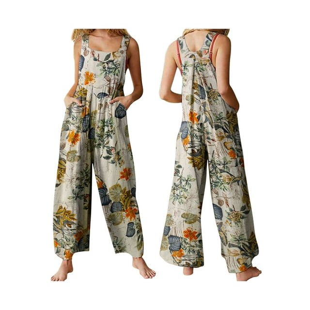 SAYOO Robes pour Femmes Combinaison d'Été Feuille Florale Encolure Carrée Sans Manches Combinaison Décontractée Robe d'Été Ample Robes pour Femmes Aguichant Sans Manches Robe Débardeur à Imprimé Vintage