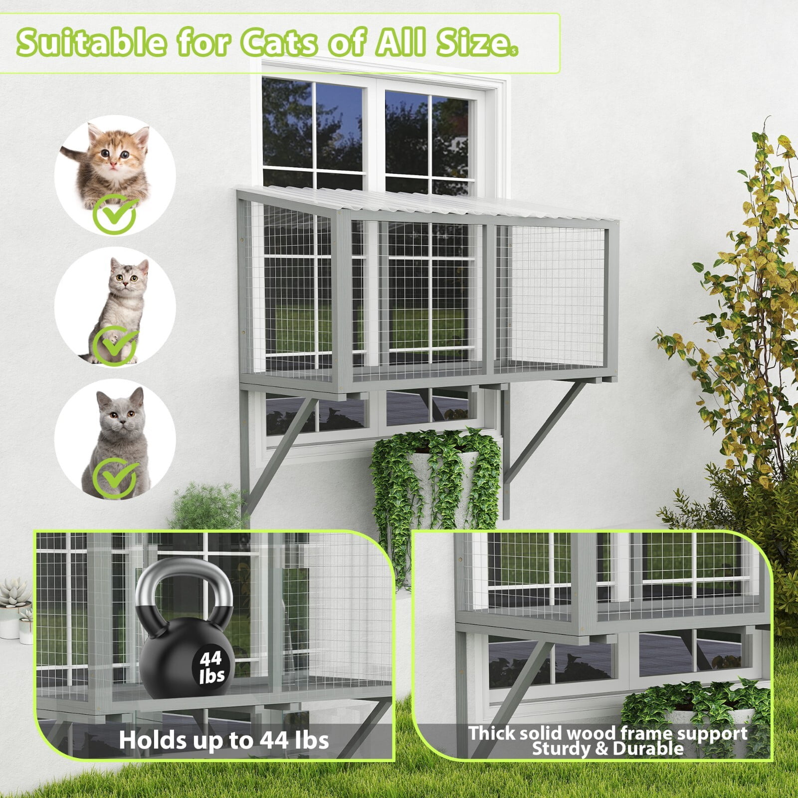 LINJH Window Catio, Catio Outdoor Cat Enclosure Window Box, Wooden Cat Window Perch
