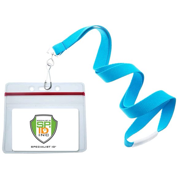 12 Pack - Lanières Néon Brillantes avec Porte-Badge Horizontal Transparent Refermable - Bretelles Larges avec Fermoir pour Cartes Clés de Croisière, Parc à Thème et Passeports Scolaires par Specialist ID (Bleu)