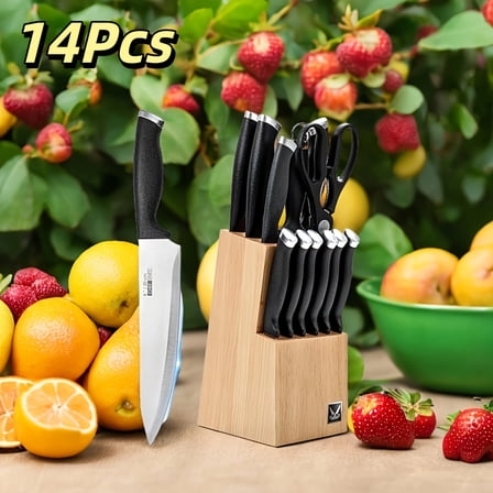 14-16pcs Kitchen Knife Set with Wooden Block, Sharpener, Steak Knives, Hammered Stainless Steel, Gift for Home & Chef