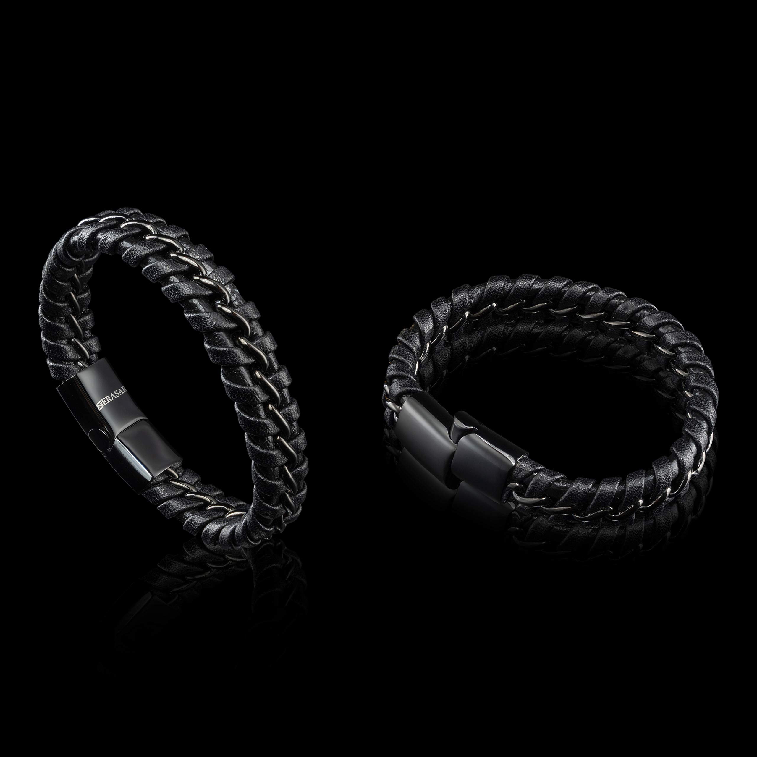 SERASAR Leather Bracelet for Man "Joy" with stainless steel magnetic closure, Black 23cm, including gift box