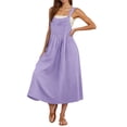 thumbnail image 4 of LNWUY Linen Overall Dress for Women Summer A Line Loose Maxi Beach Dresses Adjustable Strap Solid Color Dress with Pockets Purple XL, 4 of 8
