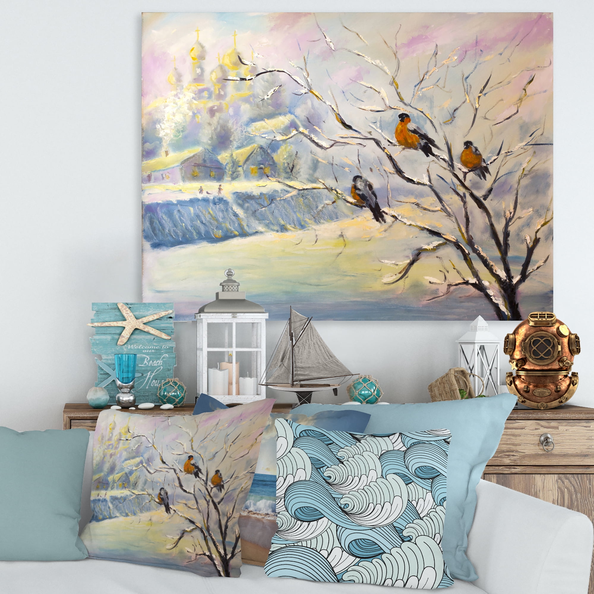 Designart ' Rustic Birds Sitting On A Tree In Winter Village ' Farmhouse Canvas Wall Art Print