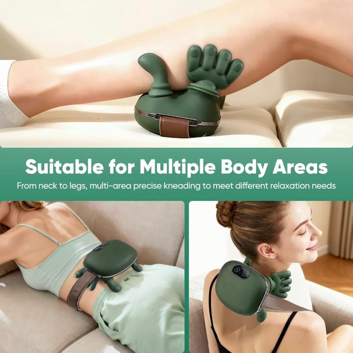 Bionic Heated Massager, Portable Shiatsu Neck and Back Massager, Electric Deep Tissue 4D Kneading Massage, Simulated Human Hand Design for Pain Relief and Muscle Relax (Green)