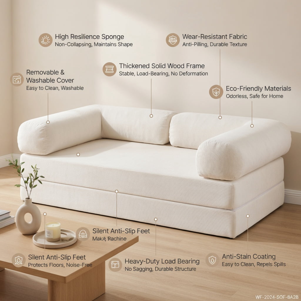 Hommoo 4-in-1 Convertible Folding Sofa Bed, Corduroy Futon with Removable Armrests, Floor Lounger & Compact Space-Saving Sleeper, Beige